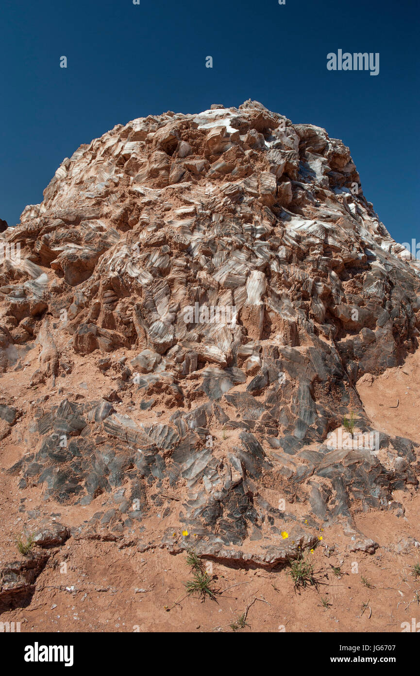 'Glass Mountain' in Capitol Reef National Park's Cathedral Valley is neither a mountain nor made of glass.  It is a lump of Selenite crystals. Stock Photo