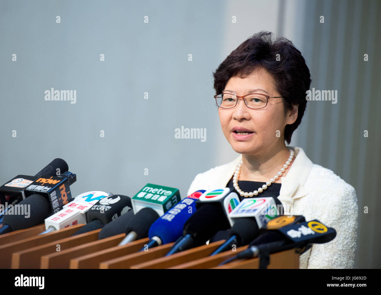HONG KONG, CHINA - 3rd July 2017: Hong Kong's Chief Executive Carrie Lam arrives at work for her official first day following her being sworn into off Stock Photo