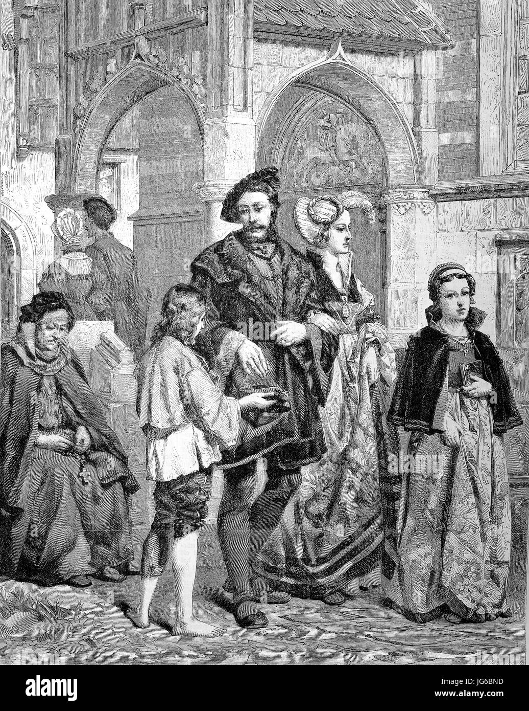 Digital improved, Noble people come out of the church and give alms to