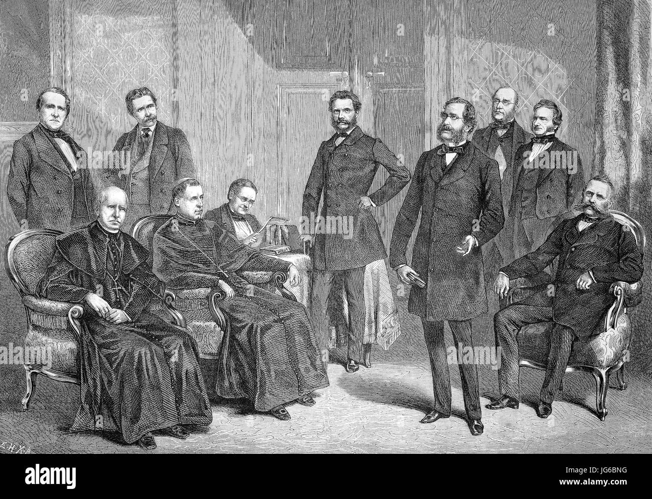 Digital improved:, conference in the House of Lords in Vienna, Austria, Professor Arndts, Cardinal Rauscher, Cardinal Prince Schwarzenberg, Count Thun, Count Auersperg, Professor Rokitansky, Freiherr Lichtenfels, President Colloredo, illustration from the 19th century Stock Photo