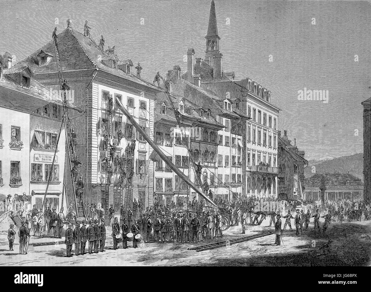 Digital improved:, The fire brigade in the city of Bern in Switzerland during an exercise, illustration from the 19th century Stock Photo