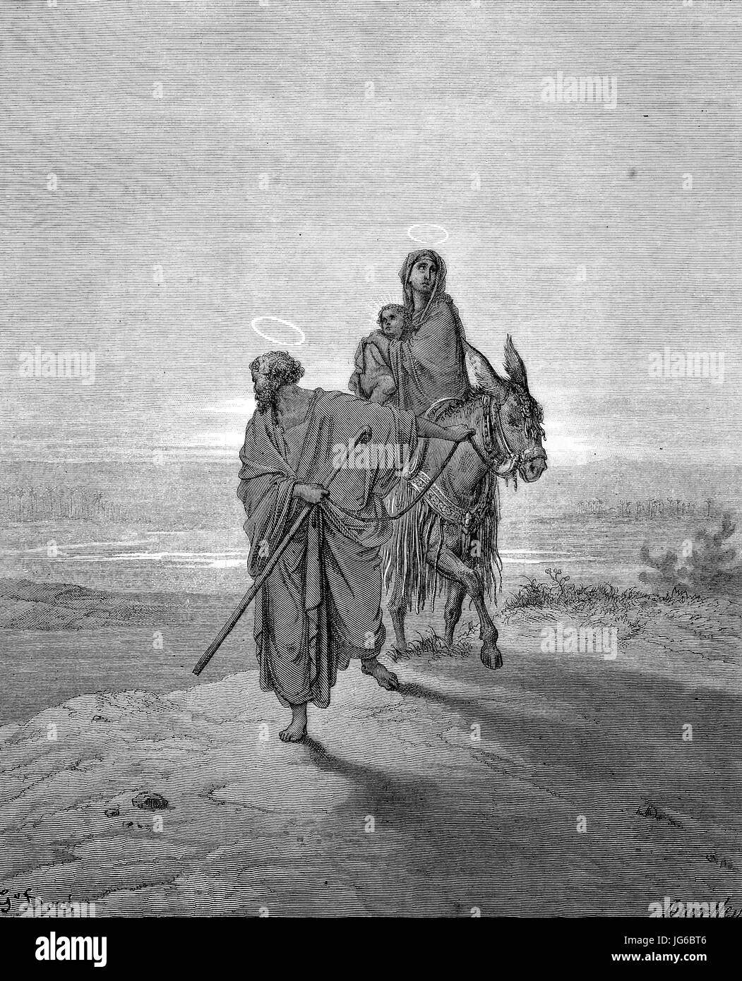 Digital improved:, The flight into Egypt is a biblical event described in the Gospel of Matthew. Soon after the visit by the Magi, who had learned that King Herod intended to kill the infants of that area, an angel appeared to Joseph in a dream to tell him to flee to Egypt with Mary and infant son Jesus, illustration from the 19th century Stock Photo