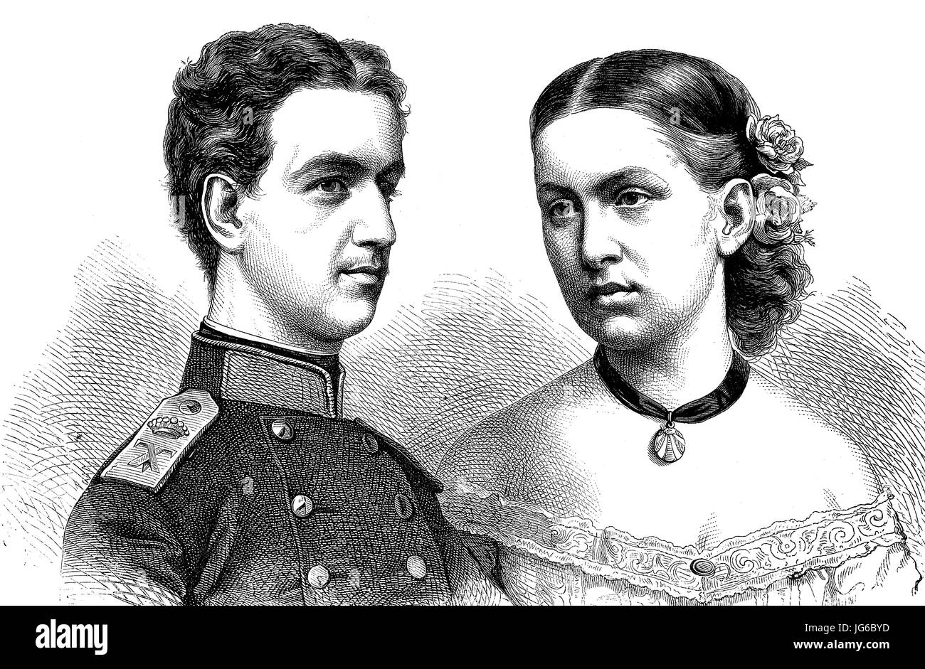 Digital improved:, George I of Greece and his wife Grand Duchess Olga Constantinovna of Russia , illustration from the 19th century Stock Photo