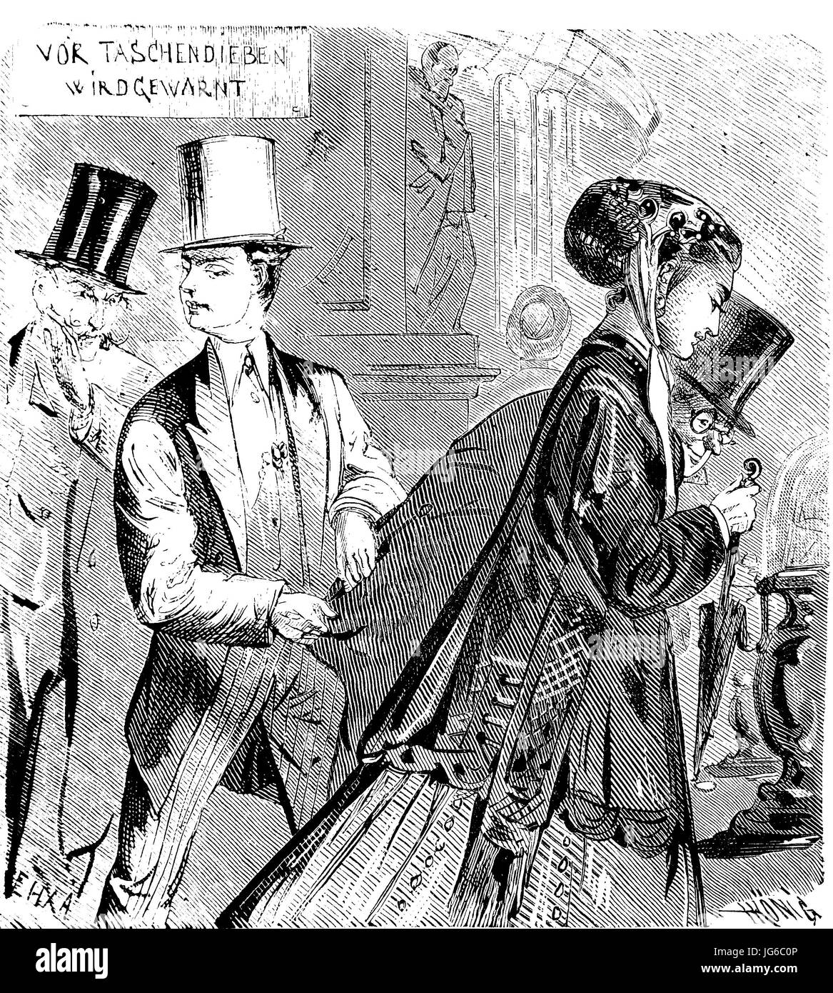 Digital improved:, Pickpocketing, larceny, the stealing of money, illustration from the 19th century Stock Photo