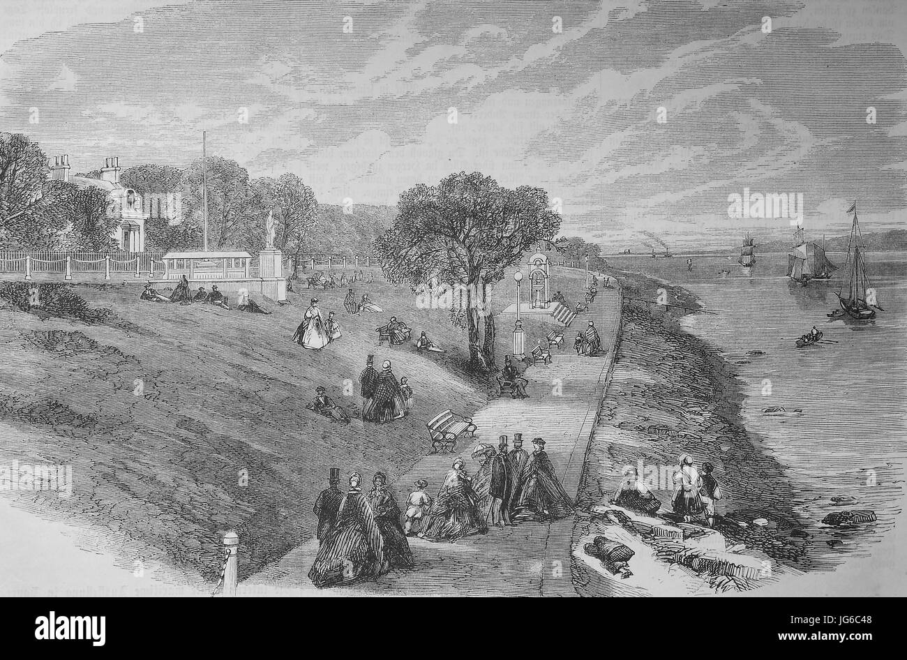 Digital improved:, view of the coast of Cowes, an English seaport town and civil parish on the Isle of Wight, promenaders, illustration from the 19th century Stock Photo