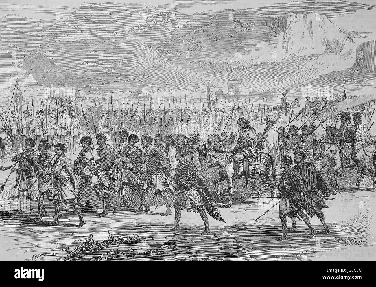 Digital improved:, Abyssinian expedition of 1868, arriving of Kassa von Tirge at the english soldier camp, illustration from the 19th century Stock Photo
