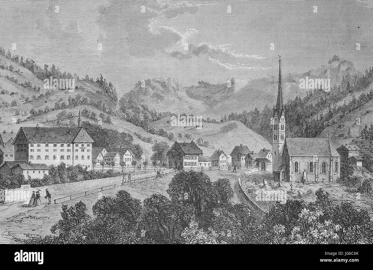 Digital improved:, view of Seewis im Praettigau is a municipality in the Davos Region in the Swiss canton of Graubuenden, illustration from the 19th century Stock Photo