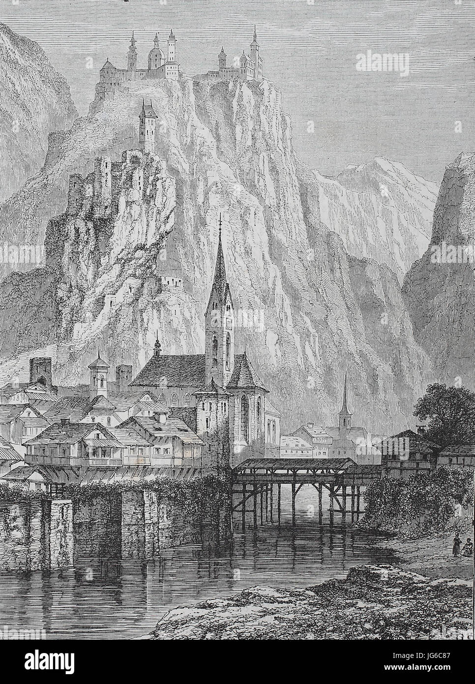 Digital improved:, view of Klausen, Chiusa, a comune in South Tyrol in northern Italy, illustration from the 19th century Stock Photo