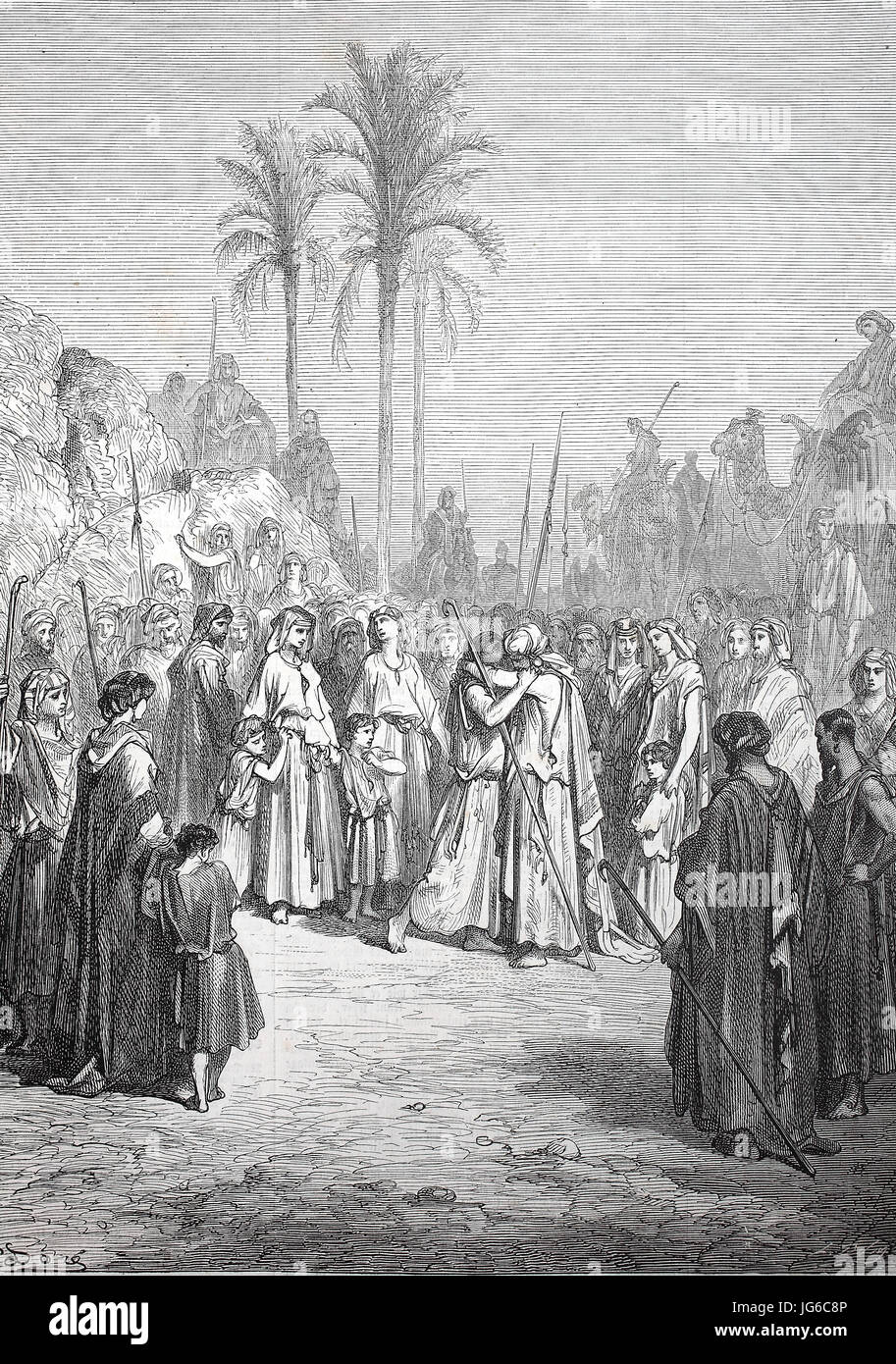 Digital improved:, The Reconciliation of Jacob and Esau, biblical scene, Esau and Jacob reconcile, illustration from the 19th century Stock Photo