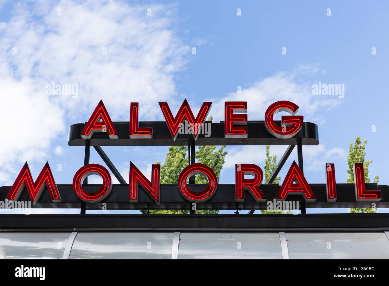 Red neon sign for Alweg Monorail at Seattle Center's monorail station in Seattle, Washington Stock Photo