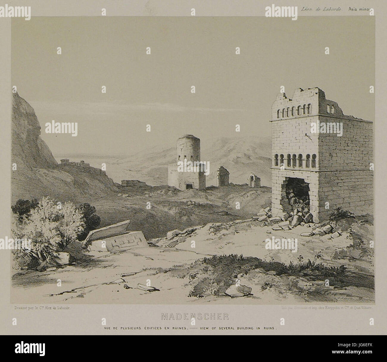 Madensher Vue des plusieurs édifices en ruines - Laborde Léon Emmanuel Simon Joseph - 1838 Stock Photo