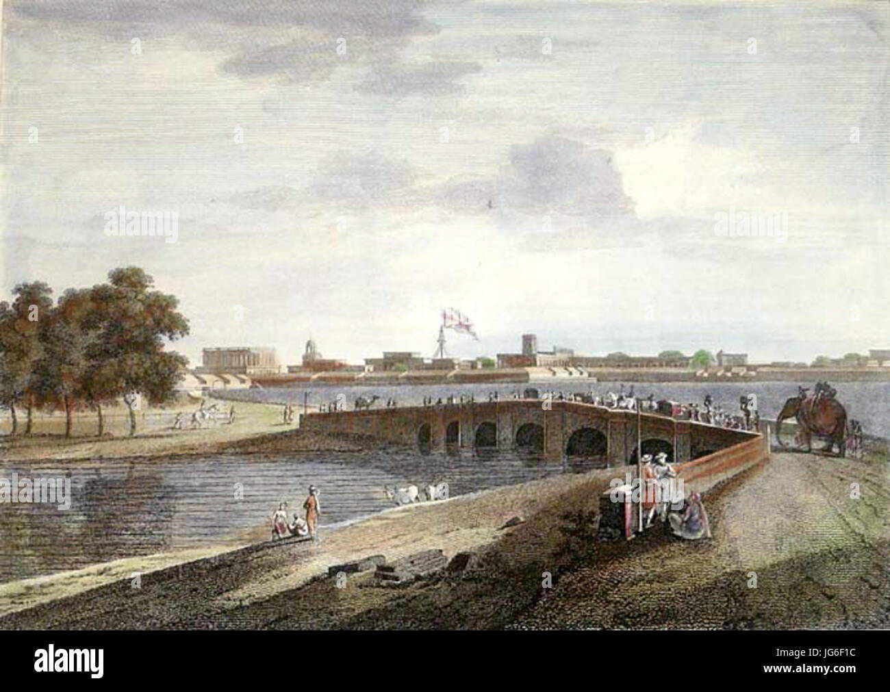 Madras Entrance to Fort St. George an engraving by William Daniell c.1820 s3B with modern hand coloring Stock Photo