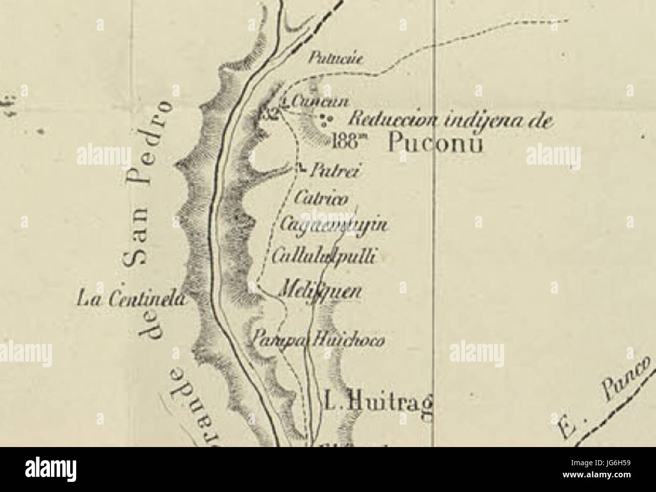 Reducción Indigena de Puconu en el Mapa de la Expedicion de Francisco Vidal Gormaz Stock Photo