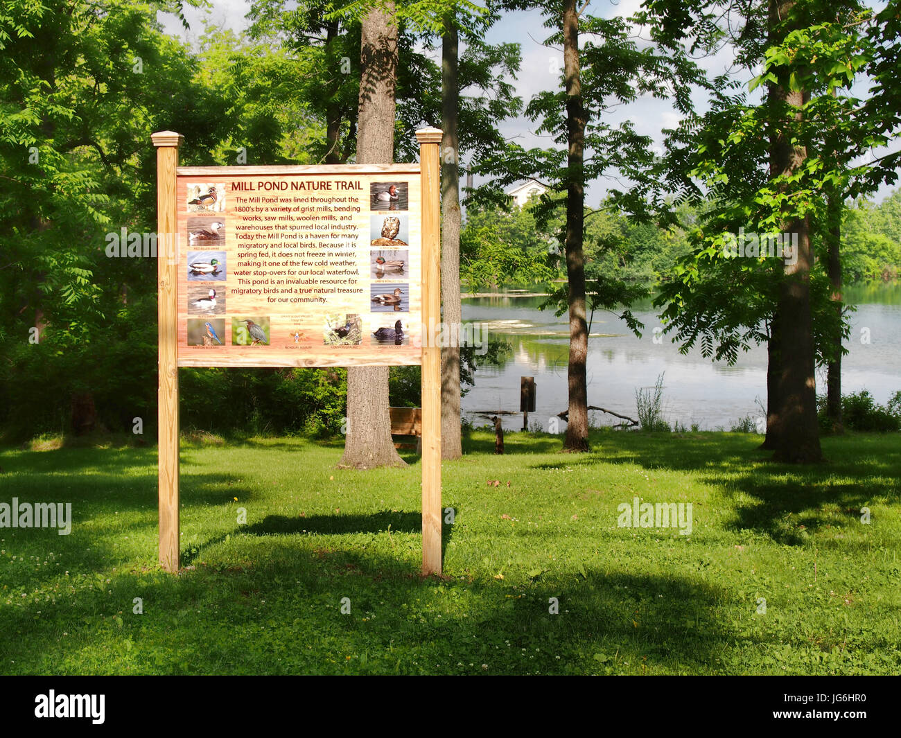 Mill Pond Nature Trail and sign, near Aurora New York on Cayuga Lake Stock Photo