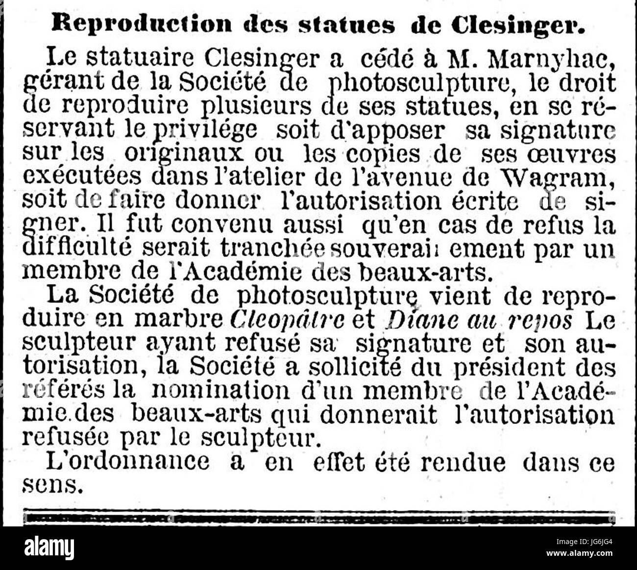 Reproduction des statues de Clesinger - Rubrique Tribunaux - Le Temps - 13 octobre 1872 - page 3 - 3ème colonne Stock Photo