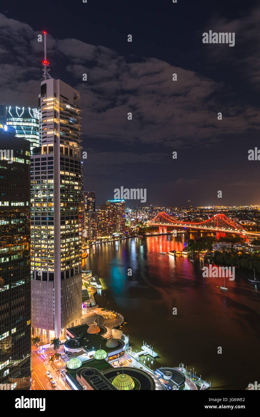 Story Bridge lit up after dark seen from elevated position, Brisbane city, Queensland, Australia. Stock Photo