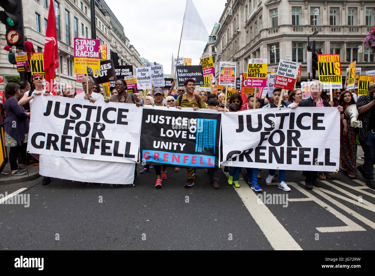 London, United KIngdom - July 1, 2017: Justice for Grenfell. A march was held in the centre of London to protest the government's continuing austerity Stock Photo