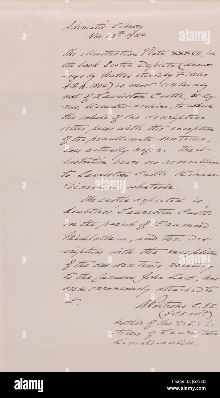 Scotia Depicta - Handwritten note to the Advocates Library by A 