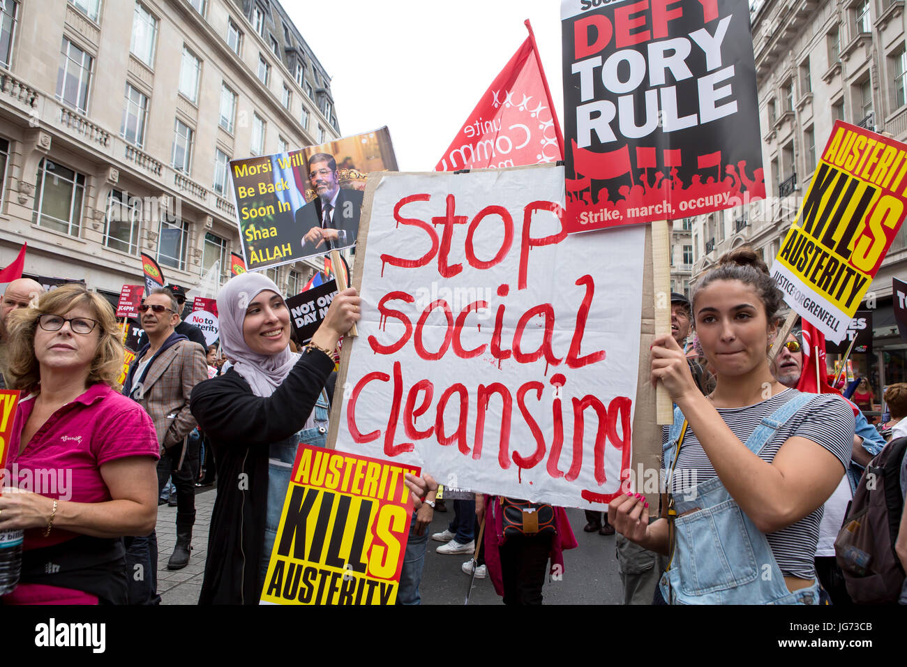 Stop Social Cleansing. A march was held in  London to protest the government's continuing austerity measures despite not winning a majority Stock Photo