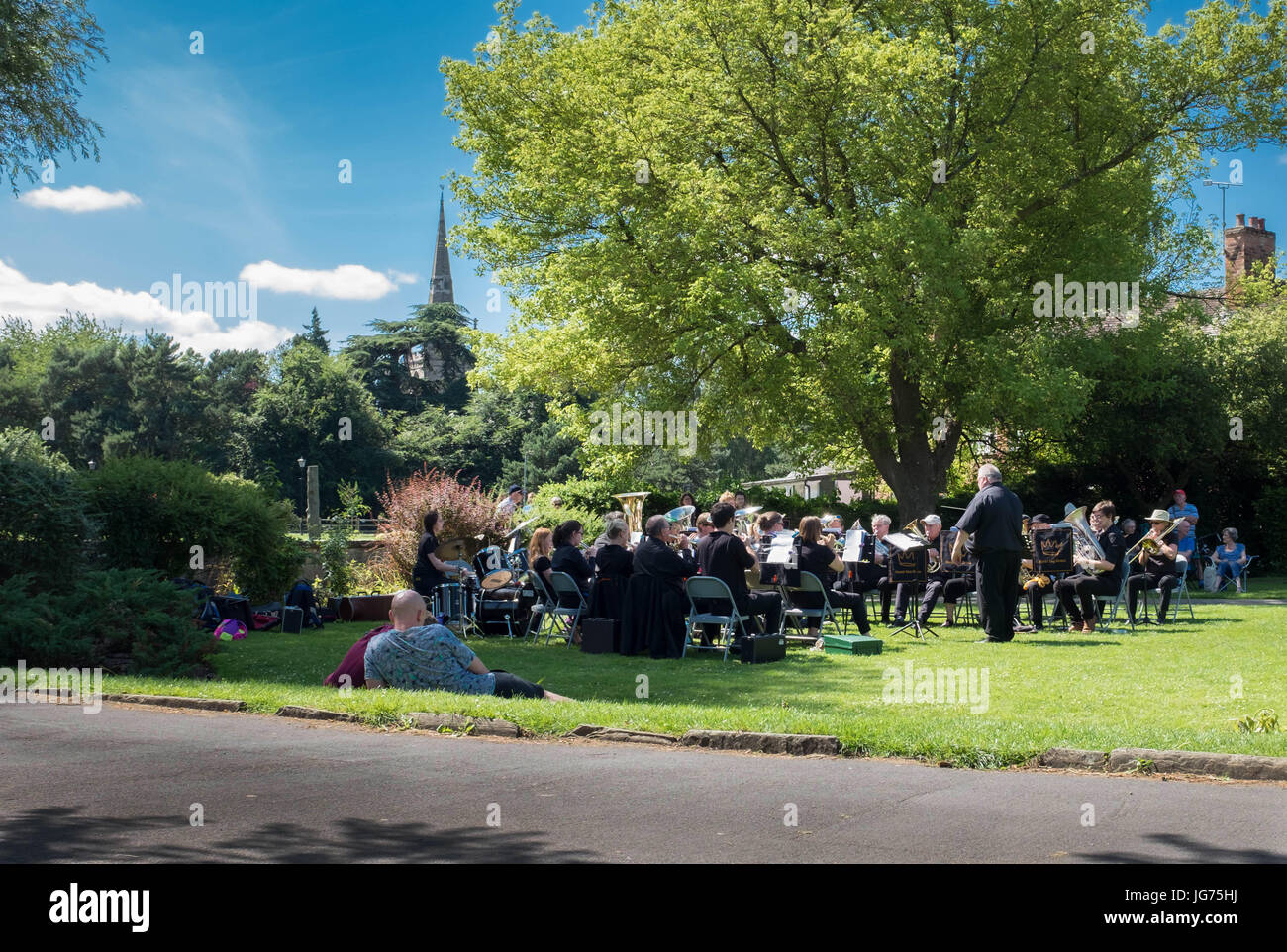 Brass band in St Nicholas Park, Warwick, Warwickshire Stock Photo