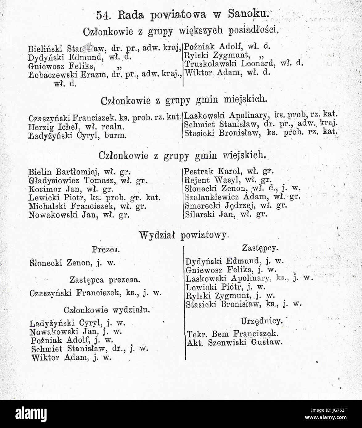 Skład rady powiatu sanockiego z roku 1880 Stock Photo
