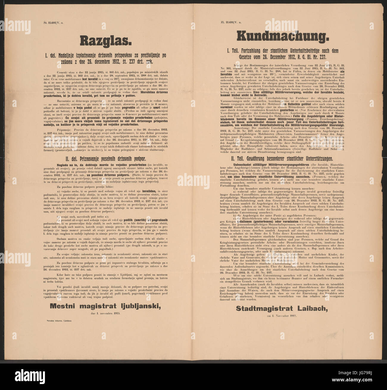 Staatliche Unterstützung - Kundmachung - Laibach - Mehrsprachiges Plakat 1915 Stock Photo