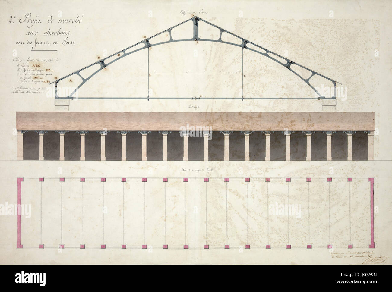 Louis-Pierre Baltard, 2e projet de marché aux charbons avec des fermes en Fonte Stock Photo