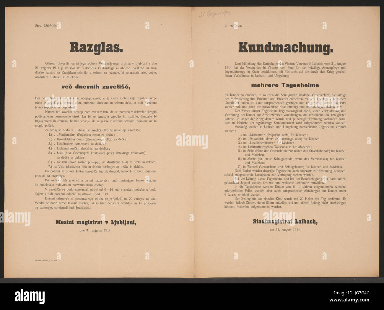 Tagesheime für Kinder - Kundmachung - Laibach - Mehrsprachiges Plakat 1914 Stock Photo