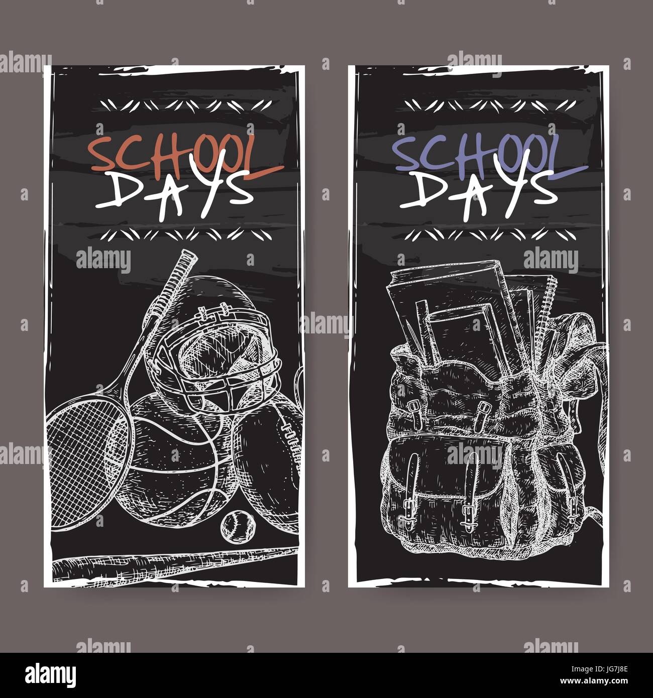 Two Banners With School Related Sketches Featuring Sport Gear And