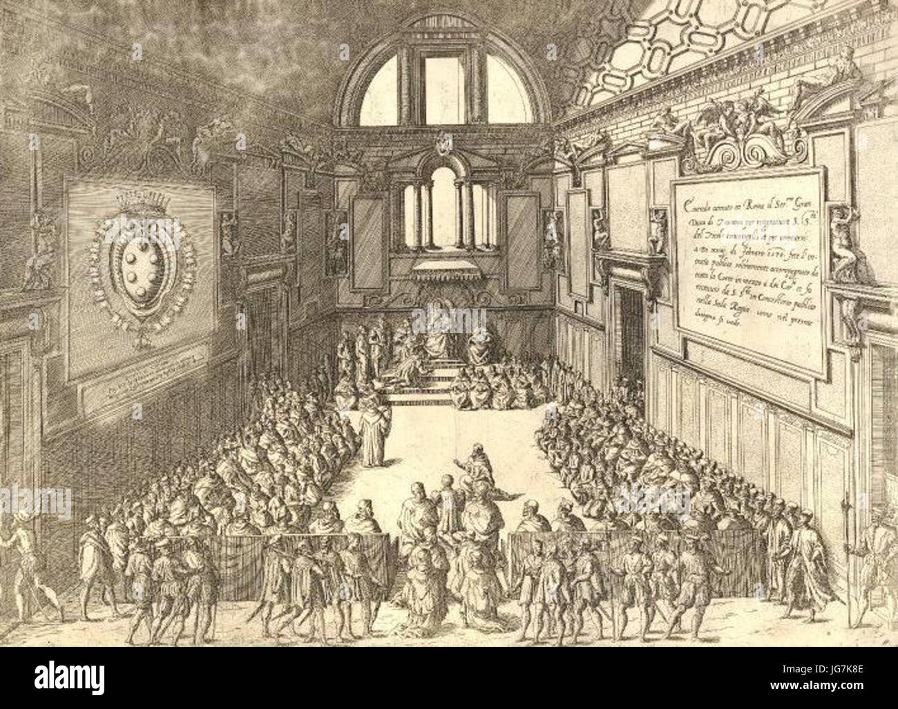 The coronation of Cosimo I de  Medici as Grand Duke of Tuscany in the Sala Regia in the Vatican3B Cosimo kneeling by Pope Pius V cardinals and various figures watching the event 28c. 157029 Stock Photo