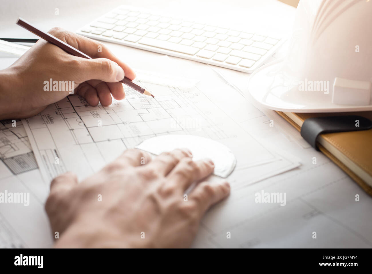 Top view of architect drawing on architectural project,Projecting with