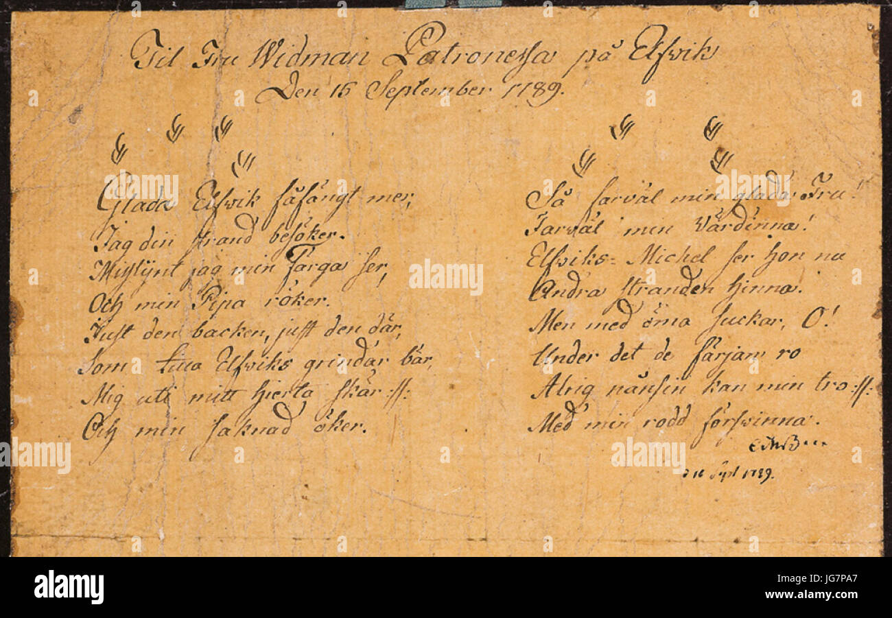 Til Fru Widman Patronessa på Elfvik, Den 15 September 1789 Stock Photo