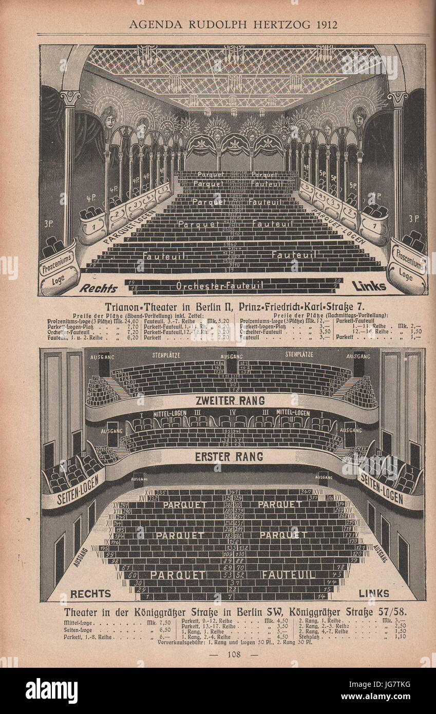 Trianon-Theater in Berlin N, Prinz-Friedrich-Karl-Straße 7 und Theater in  der Königgrätzer Straße in Berlin SW, Königgrätzer Straße 57-58, Bestuhlung  1912 Stock Photo - Alamy