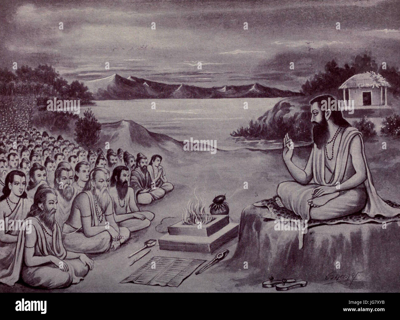 Ugrashravas narrating Mahābhārata before the sages gathered in Naimisha Forest Stock Photo