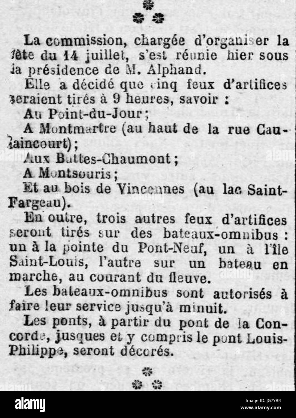 Un Passant. - Les on-dit - Le Rappel - 17 juin 1882 - page 2 - 1ère colonne - Programme des feux d'artifices du 14 juillet 1882 à Paris Stock Photo