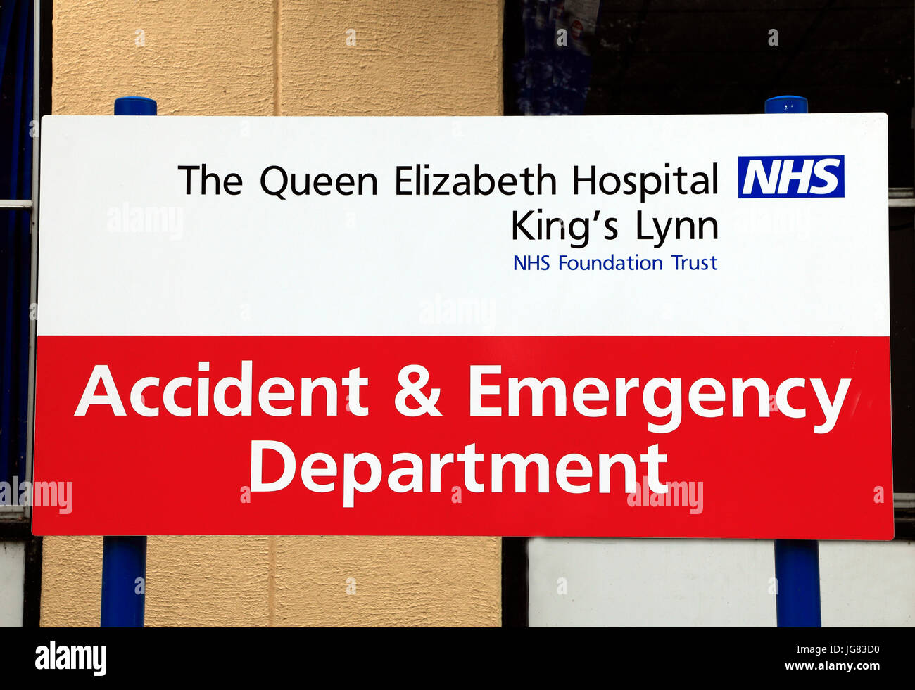 Queen Elizabeth Hospital, Kings Lynn,  Accident & Emergency Department, sign, English, NHS Hospitals Norfolk, England, UK Stock Photo