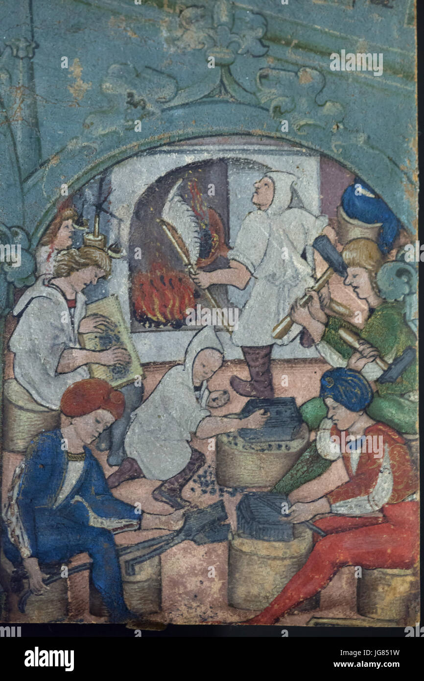 Medieval silver processing depicted in the so-called Kutná Hora illuminated miniature (Kutnohorská iluminace) once used to be a front page of an unknown medieval illuminated manuscript (gradual) dated from the 1490s on display in the Gallery of the Central Bohemian Region (GASK) in Kutná Hora, Czech Republic. Stock Photo