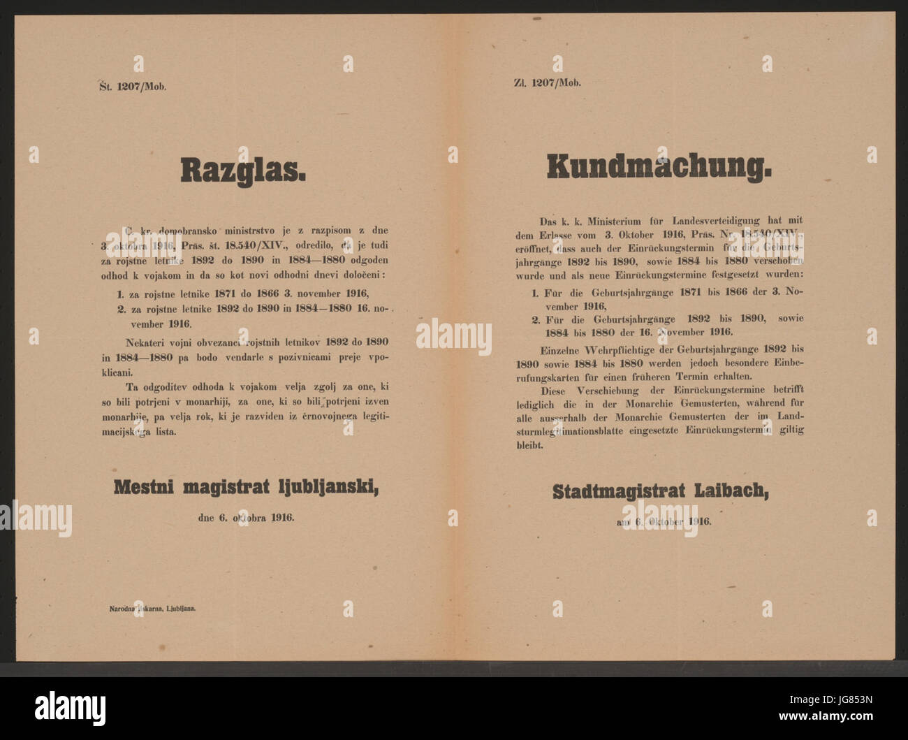 Verschiebung des Einrückungstermines - Kundmachung - Laibach - Mehrsprachiges Plakat 1916 Stock Photo