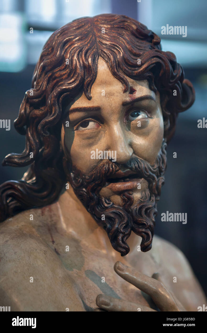 Ecce Homo. Polychrome wooden statue by Spanish Baroque sculptor Gregorio Fernández dated from circa 1620 on display in the Diocesan and Cathedral Museum (Museo Diocesano y Catedralicio de Valladolid) in Valladolid in Castile and León, Spain. Stock Photo