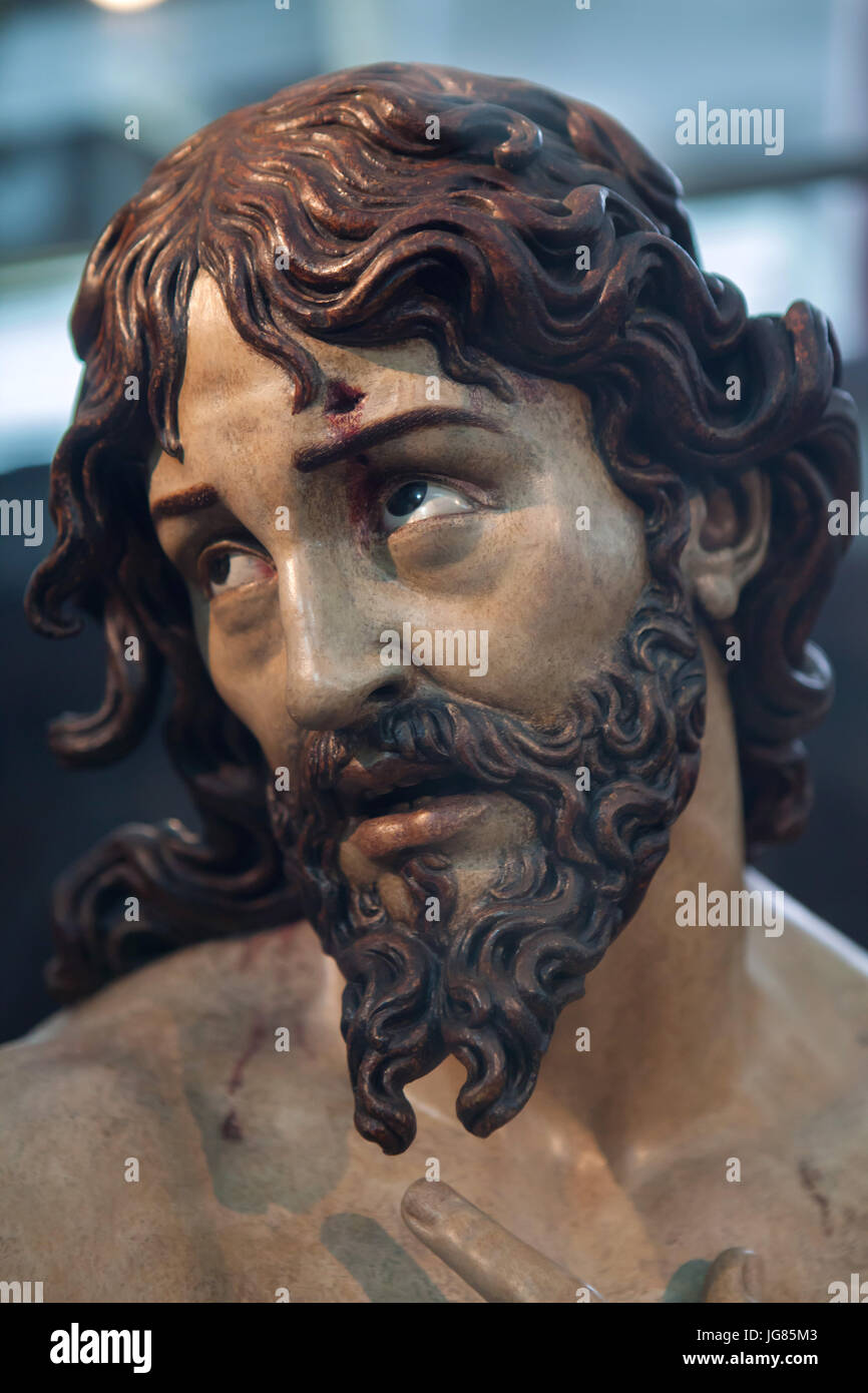 Ecce Homo. Polychrome wooden statue by Spanish Baroque sculptor Gregorio Fernández dated from circa 1620 on display in the Diocesan and Cathedral Museum (Museo Diocesano y Catedralicio de Valladolid) in Valladolid in Castile and León, Spain. Stock Photo