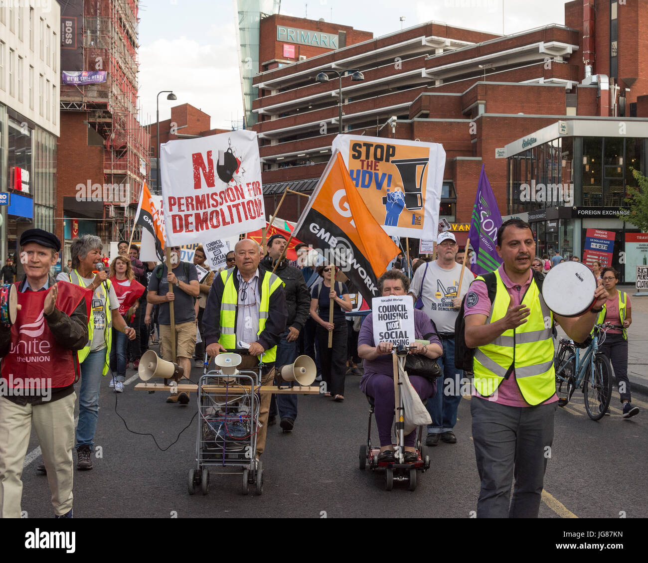 Haringay, London, UK 3rd July 2017. Protesters march against the Haringay Development Vehicle, ending at Haringay Civic Centre. The Haringay Development Vehicle, or HDV for short, is a controversial partnership between Haringey Council and Lendlease, a property development group. Protesters fear that the plan will see increasing gentrification within the borough as existing social housing stock will be demolished with no guarantee of affordable replacements. Haringay council put the proposal to the vote at the Civic Centre tonight. Credit: Patricia Phillips/ Alamy Live news Stock Photo