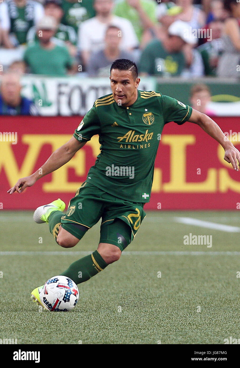 June 25, 2017. Portland Timbers midfielder David Guzman (20) makes a pass during the MLS match between the visiting Seattle Sounders and the Portland Timbers at Providence Park, Portland, OR. Larry C. Lawson/CSM Stock Photo