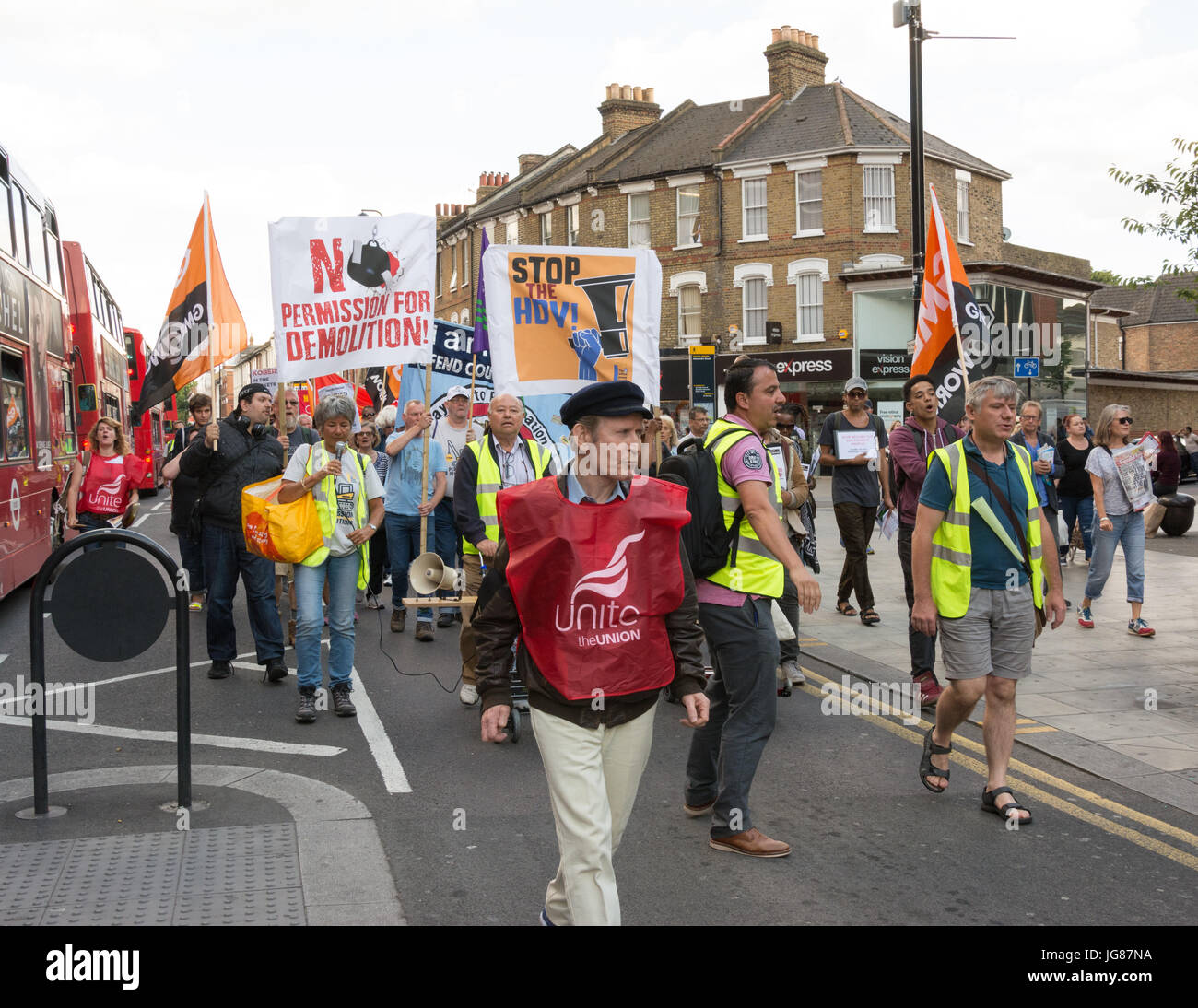 Haringay, London, UK 3rd July 2017. Protesters march against the Haringay Development Vehicle, ending at Haringay Civic Centre. The Haringay Development Vehicle, or HDV for short, is a controversial partnership between Haringey Council and Lendlease, a property development group. Protesters fear that the plan will see increasing gentrification within the borough as existing social housing stock will be demolished with no guarantee of affordable replacements. Haringay council put the proposal to the vote at the Civic Centre tonight. Credit: Patricia Phillips/ Alamy Live news Stock Photo