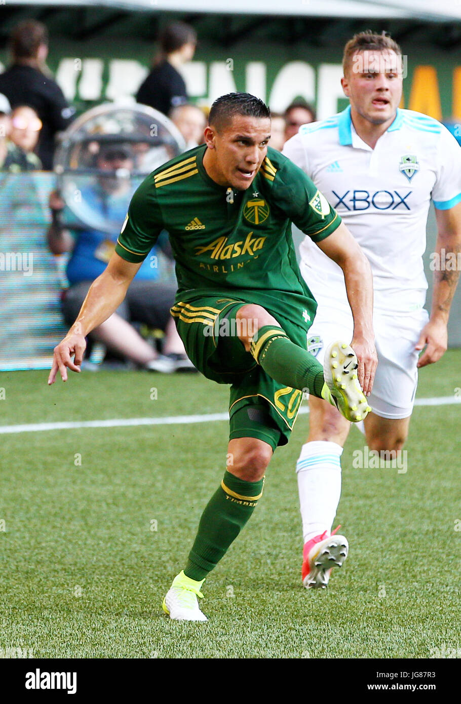 June 25, 2017. Portland Timbers midfielder David Guzman (20) passes to a teammate during the MLS match between the visiting Seattle Sounders and the Portland Timbers at Providence Park, Portland, OR. Larry C. Lawson/CSM Stock Photo