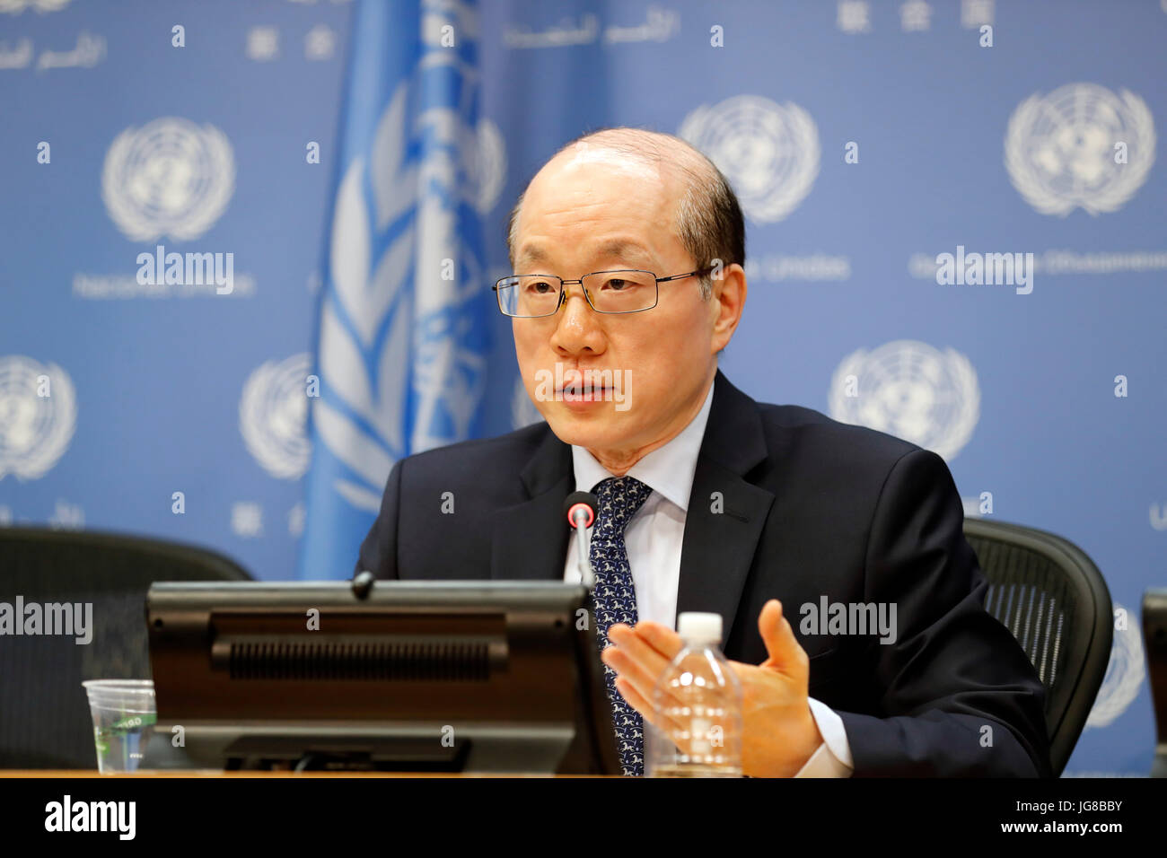 United Nations, UN headquarters. 4th July, 2017. Liu Jieyi, China's permanent representative to the Unite Nations and UN Security Council president for July, attends a press conference at the UN headquarters, July 4, 2017. Ambassador Liu Jieyi of China, UN Security Council president for July, said on Monday that issues of Syria, Yemen, South Sudan, Colombia, Haiti and Cyprus will be on the agenda of the 15-nation council in July. Credit: Li Muzi/Xinhua/Alamy Live News Stock Photo