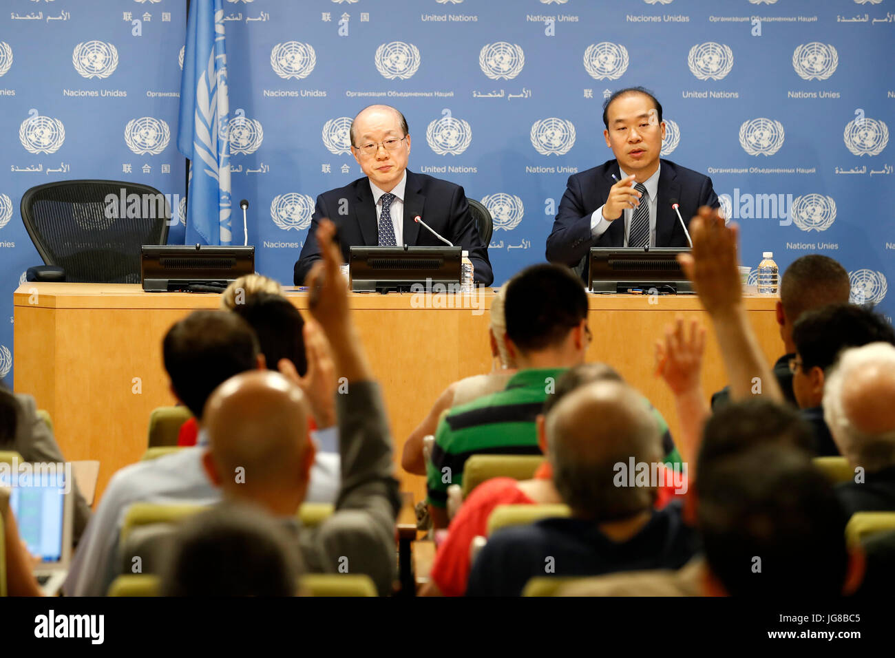 United Nations, UN headquarters. 4th July, 2017. Liu Jieyi (L), China's permanent representative to the Unite Nations and UN Security Council president for July, attends a press conference at the UN headquarters, July 4, 2017. Ambassador Liu Jieyi of China, UN Security Council president for July, said on Monday that issues of Syria, Yemen, South Sudan, Colombia, Haiti and Cyprus will be on the agenda of the 15-nation council in July. Credit: Li Muzi/Xinhua/Alamy Live News Stock Photo