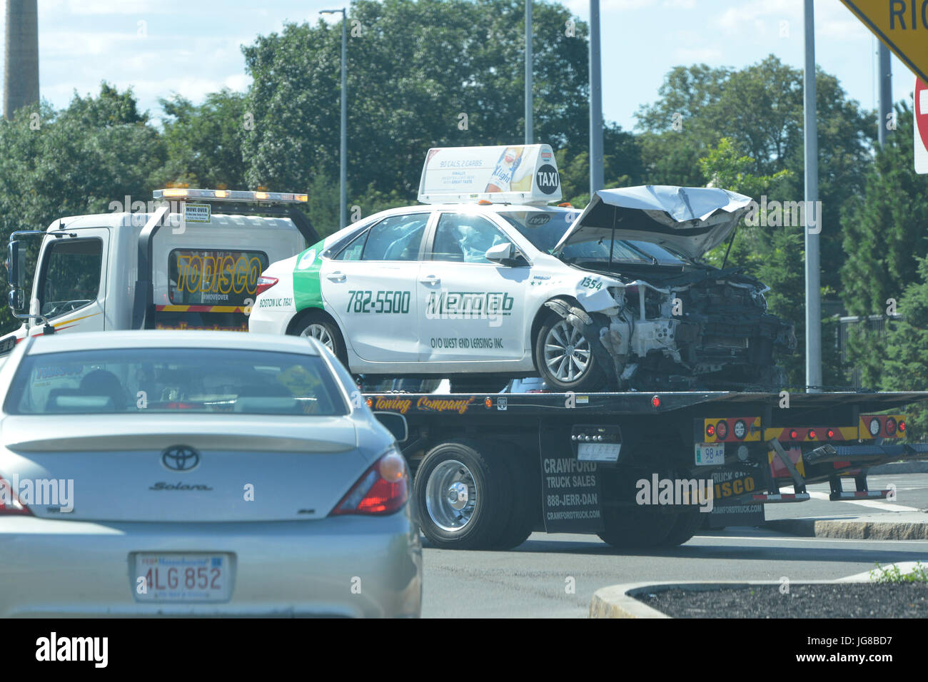 Boston, Massachusetts, USA. 17th June, 2017. Ten cabbies were injured, one seriously, as another cab driver drove into them at the Logan Airport Taxi pool area near Porter Street and Tomahawk Drive in East Boston.Police are ruling out terrorism at this point. The driver was reported to have said the Toyota Camry taxicab accelerated suddenly and was out of control. Credit: Kenneth Martin/ZUMA Wire/Alamy Live News Stock Photo