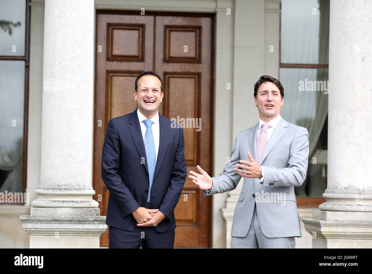 Dublin, Ireland. 4th July, 2017. Justin Trudeau Meets Leo Varadkar in Dublin. The Canadian Prime Minister, Justin Trudeau, today met with Taoiseach and Fine Gael party leader(Prime Minister) Leo Varadkar(left), at Farmleigh House in Dublin. Mr. Trudeau is on a three day visit andÊis expected to discuss trade between the two countries and the implications of Brexit and a possible hard border, for the Irish economy and its relations with the United Kingdom. Mr Varadkar is Ireland's first gay political leader. Photo: Sam Boal/RollingNews.ie/Alamy Live News Stock Photo