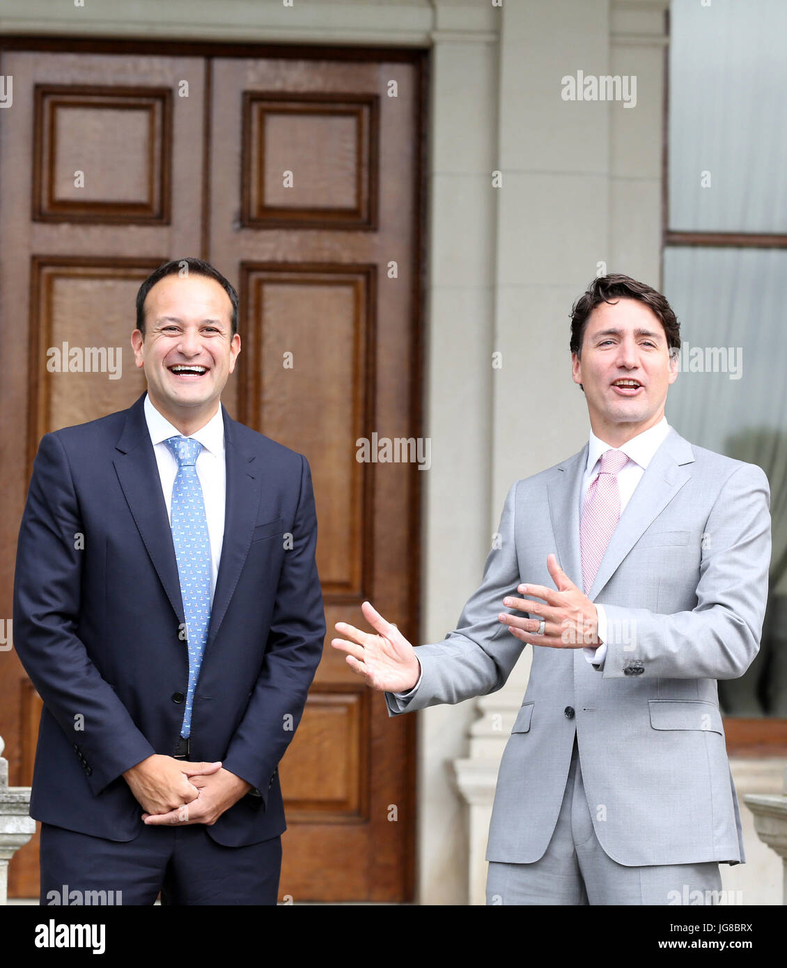 Dublin, Ireland. 4th July, 2017. Justin Trudeau Meets Leo Varadkar in Dublin. The Canadian Prime Minister, Justin Trudeau, today met with Taoiseach and Fine Gael party leader(Prime Minister) Leo Varadkar(left), at Farmleigh House in Dublin. Mr. Trudeau is on a three day visit andÊis expected to discuss trade between the two countries and the implications of Brexit and a possible hard border, for the Irish economy and its relations with the United Kingdom. Mr Varadkar is Ireland's first gay political leader. Photo: Sam Boal/RollingNews.ie/Alamy Live News Stock Photo