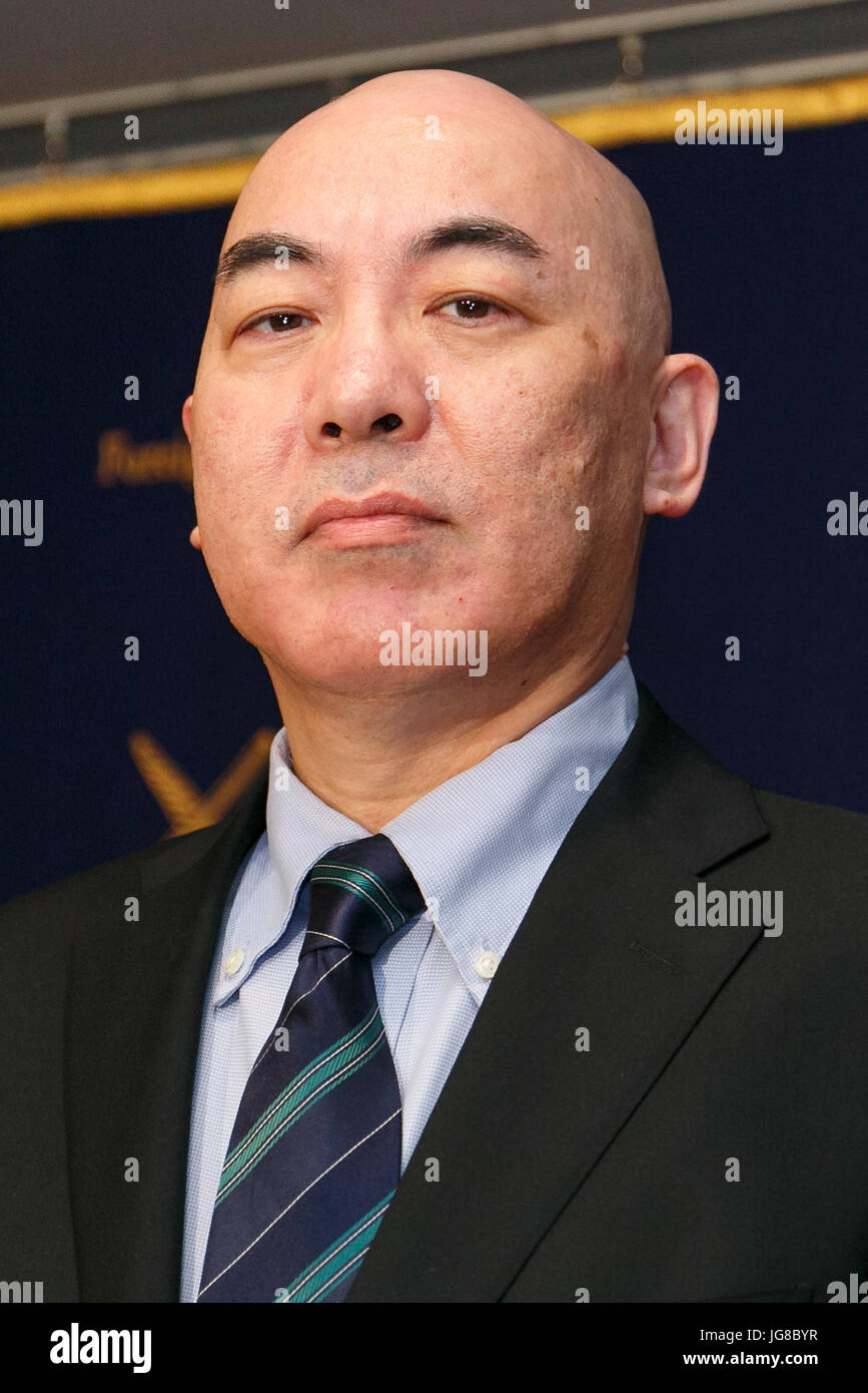 Japanese author Naoki Hyakuta poses for cameras during a news conference at The Foreign Correspondents' Club of Japan on July 4, 2017, Tokyo, Japan. Hyakuta, who's views include denial of the Nanking massacre, spoke about the cancellation of his lecture at Hitotsubashi University because a group of students, belonging to the school's Anti-Racism Information Center (ARIC), had argued that his views were discriminatory toward certain ethnic groups and that he shouldn't be allowed to speak at the University festival. Credit: Rodrigo Reyes Marin/AFLO/Alamy Live News Stock Photo